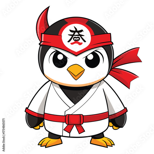 Adorable cartoon style penguin character illustration wearing a white karate gi ready for action perfect for playful designs and children s themes