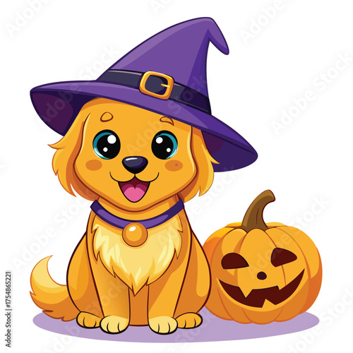 Adorable happy cartoon style golden retriever puppy wearing a cute accessory perfect for pet themed designs and children s illustrations rendered in vibrant vector art