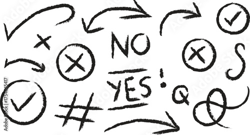 hand drawn marks vector, yes no arrow sketch doodle symbol design