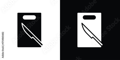 Cutting board with knife. Black and white simple flat design icon. vector glyph flat icons