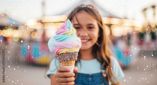 A young girl smiles holding a colorful cotton candy ice cream cone with sprinkles at a carnival at dusk with bokeh lights