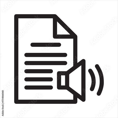 Read aloud icon or audiobook with text paper and speaker in black outline style