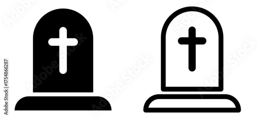 "Tombstone with Cross Icon - Black and White Outline Version"