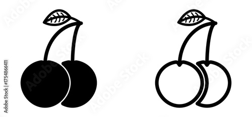 Set two style of Illustration of two cherries with a leaf, simple vector style.