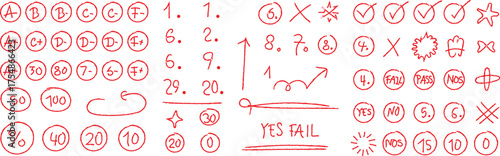 hand drawn marks icon set vector, education grading checklist design