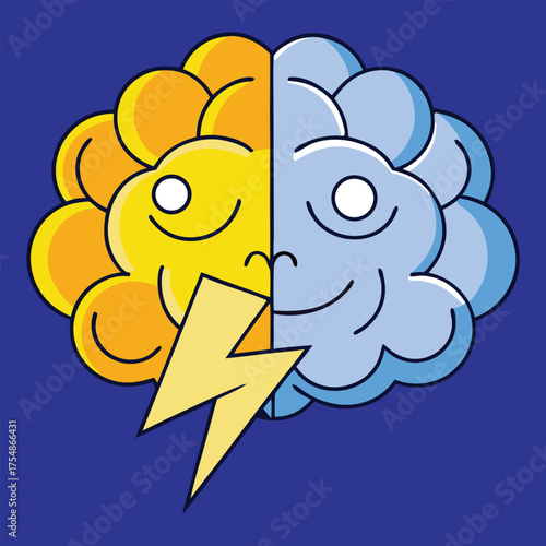 Split Brain Design with Sun and Cloud Faces, Lightning Bolt Symbolizing Emotional and Logical Balance on Bold Blue Apparel Graphic