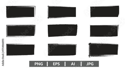 Nine black rectangular brush stroke elements on a white background for graphic design