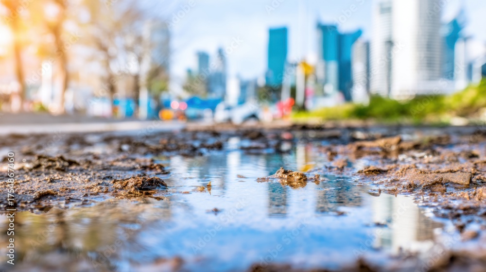 Fototapeta premium Reflection of city skyline in a puddle on a sunny day after rain