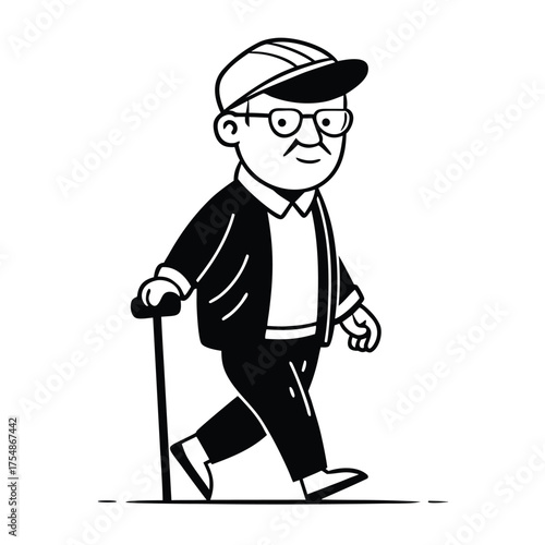 The smiling woman hiker with a backpack and nordic walking crutches stands next to a senior man with golf equipment and a vector illustration of a golfer