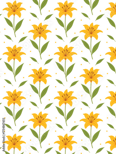 Bright yellow lily flower with elegant petals and green leaves, symbolizing joy, positivity, and renewal on a white background.