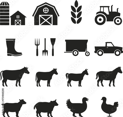 farm agriculture icon set vector, animal barn tractor rural design