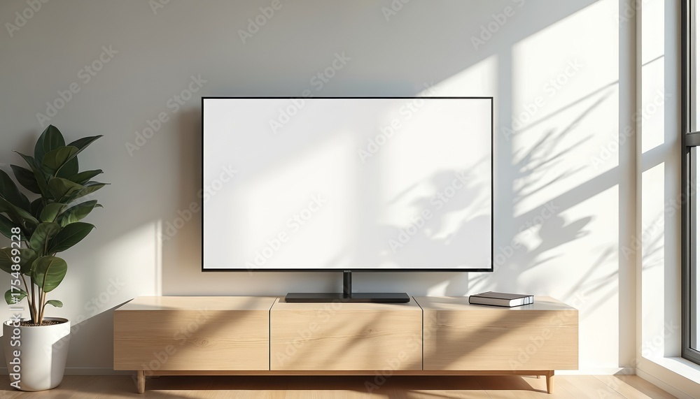 Fototapeta premium Blank smart TV mockup is displayed in minimalist living room. Sunlight casts plant shadows on white wall. Modern wooden media console is below screen for entertainment display.