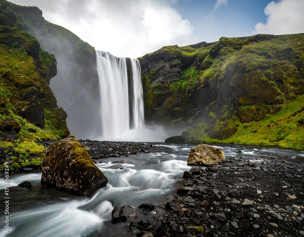 Fototapeta premium Majestic waterfall cascading down moss-covered cliffs, smooth stream foreground, contrasted against dark rocks, cloudy sky above