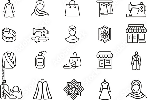 fashion boutique outline icon set vector, clothing sewing design collection