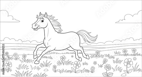 Cartoon horse running happily through a field of flowers in a coloring page style