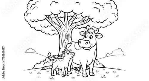Cartoon cow and calf standing under a tree in a black and white illustration