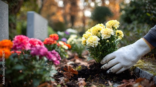 Autumn gravesite care with white-gloved hand planting colorful flowers before All Saints Day