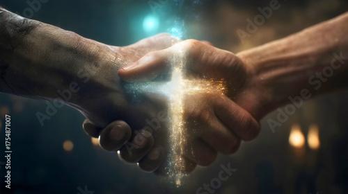 A Christian handshake with a sparkling cross of light, a divine and magical symbol of faith, unity and agreement, a concept of fellowship, brotherhood and the Holy Spirit, a powerful religious image.
