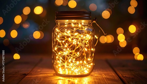 Glass Jar Filled With Warm Yellow Fairy Lights Sitting On A Wooden Table With A Blurred Bokeh Background