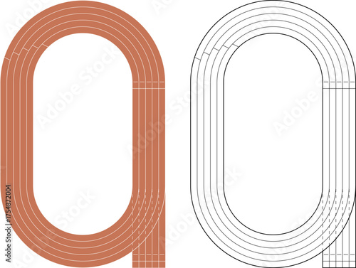 Running athletics track with soccer stadium. Top view of arena field with lines and marks. Stadium, race track, arena and field or cycling venue, field for sports competitions. Vector or png image.