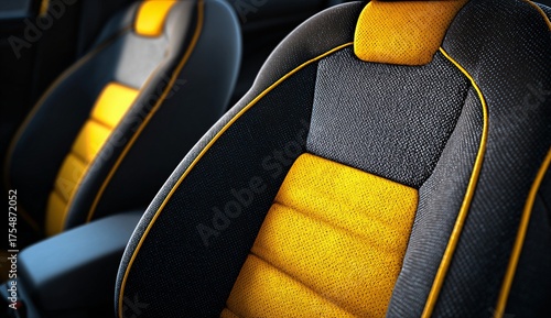 Close-up view of a patterned yellow car seat upholstery.