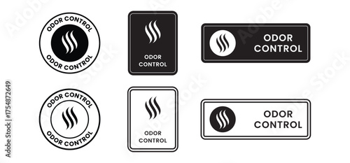 Odor Control logo template set with scent symbol and wavy lines icon, collection of circular, square, and rectangular labels in solid black and outlined styles for deodorant, air freshener, and sanita