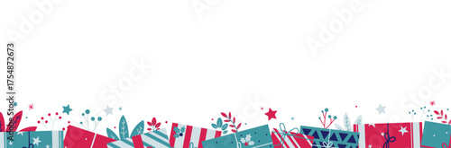 Bannière de Noël festive – Ensemble de cadeaux colorés, flocons, étoiles et cotillons pour les fêtes de fin d’année