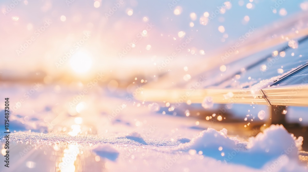 Obraz premium Snow covers solar panels during sunrise at a remote location in winter