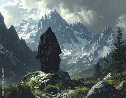 A cloaked figure gazes at a vast mountain range, amidst a rugged landscape under a cloudy sky