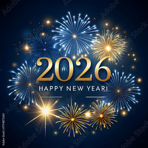 Vibrant New Year 2026 Fireworks Display in Gold and Blue Colors happy new year celebration