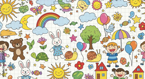 Bright and cheerful hand-drawn doodle illustration on squared notebook paper background. Includes a wide variety of cute cartoon elements such as smiling sun, moon, clouds, rainbows, stars, animals