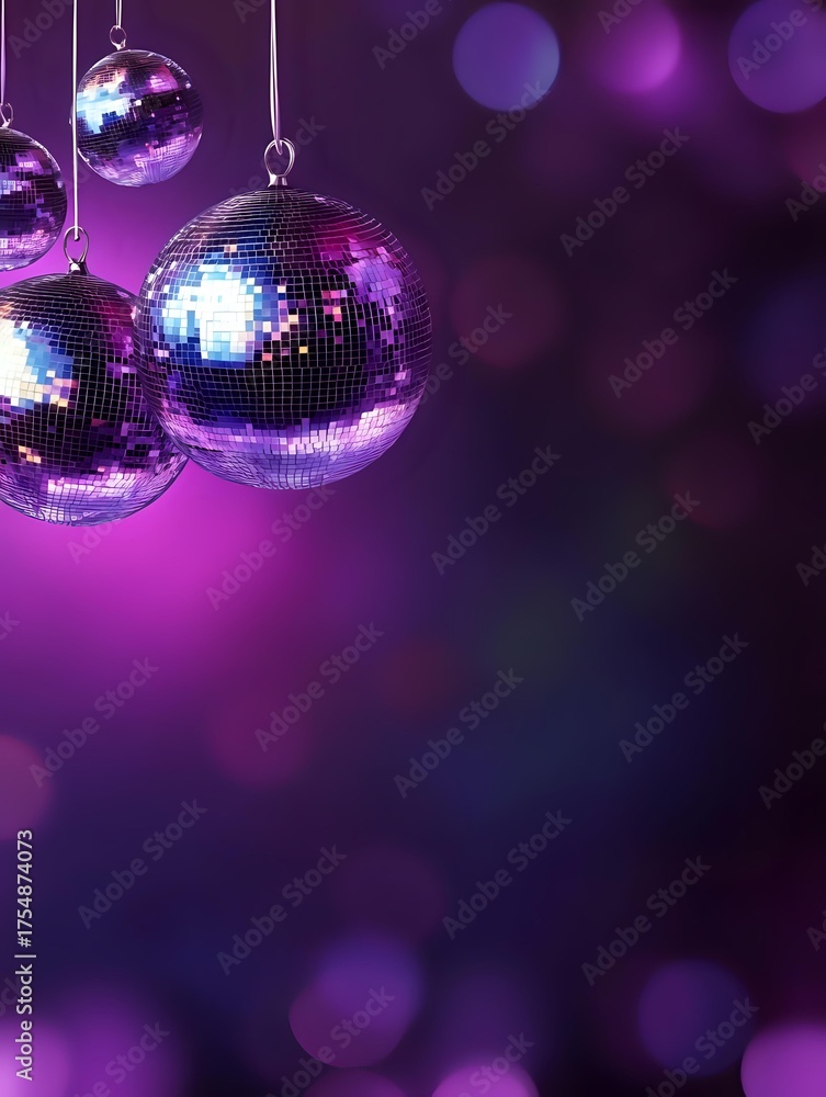 Obraz premium Shiny disco balls hanging against purple background with bokeh lights creating nostalgic retro party atmosphere for nightclub and entertainment designs.
