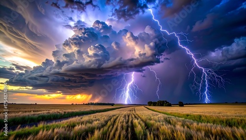 A vast wheat field is struck by multiple lightning strikes under a dramatic, stormy sky at sunset. Dark clouds dominate