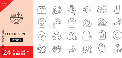 Eco lifestyle icons set. Includes symbols of sustainability, recycling, green living, renewable energy, and environmental care. Editable stroke. Vector illustration. Outline icons.