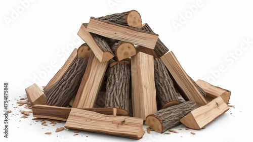 A neatly stacked pile of firewood, composed of various sizes and shapes of wooden logs, set against a white backdrop