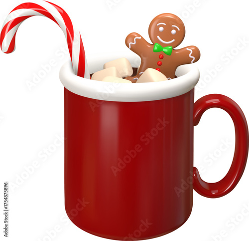 3d hot chocolate cup with candy cane,  gingerbread man and marshmallows