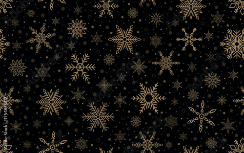 Winter seamless pattern. Festive background with golden snowflakes and stars on black. For Christmas and New Year decorations, wallpaper, wrapping paper, fabric, or digital backgrounds.