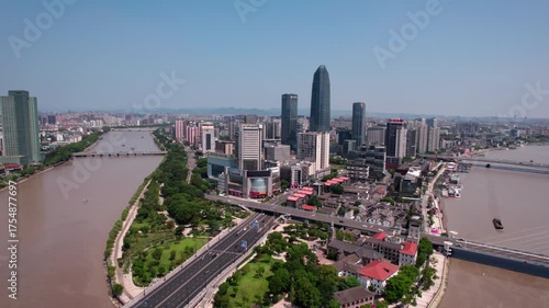 Aerial photography of Ningbo Sanjiangkou city skyline