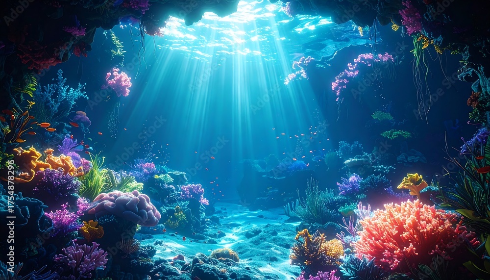 Naklejka premium Underwater cave scene with light streaming through the water, illuminating colorful corals and aquatic plants