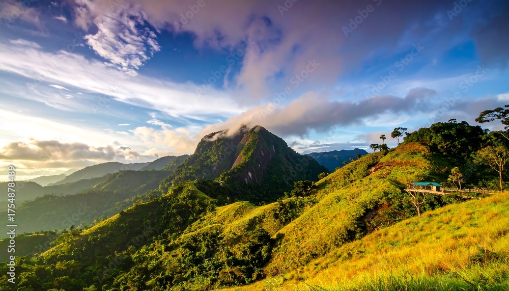 Obraz premium Verdant hills and a cloud-draped peak under a vibrant sky, capturing a serene, natural landscape at golden hour