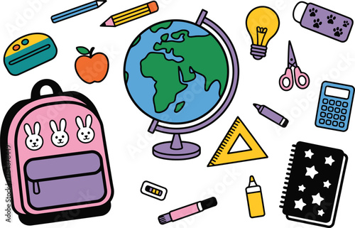 Colorful school supplies and backpack with globe, perfect for education and learning projects