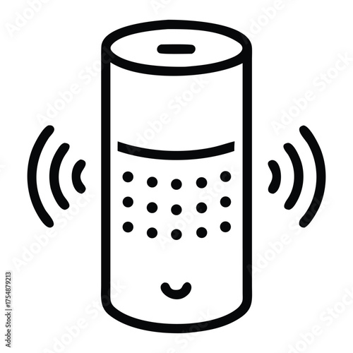 A minimalist line drawing of a cylindrical smart speaker emitting sound waves, indicating audio output or voice command.