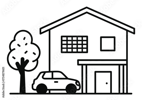 Simple line art of a house with a car and tree
