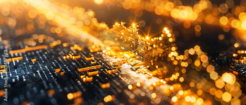 A futuristic microchip with backlighting and sparkle, symbolizing innovation and technology, useful for articles on the development of electronics and the future of the IT industry.
