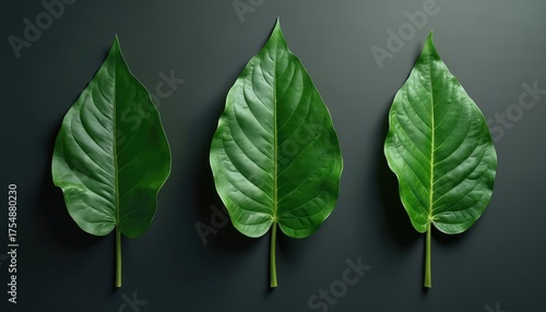 Three green leaves shown on dark backdrop. Leaves detailed venation, rich color. Floral botanical foliage represents nature conservation, eco awareness. Wallpaper artwork with forest plant for