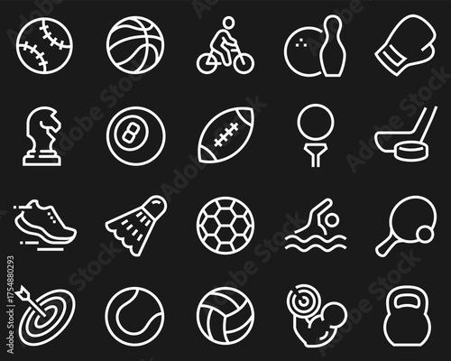 Simple Set of Sports Equipment Related Vector Line Icons. Contains such icons as Football Soccer, Bodybuilding, Jug and more.	