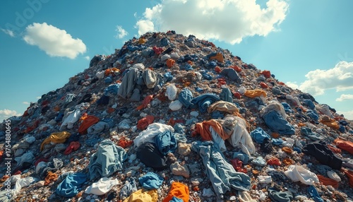 Huge dump discarded clothes, fabric, textiles piled high. Massive waste mountain under bright blue sky, white clouds. Scene represents environmental problems from fast fashion industry. Consumerism