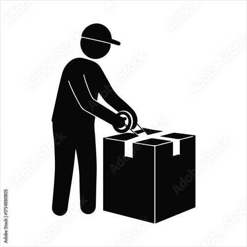 Delivery person sealing a cardboard box with tape for shipping and logistics