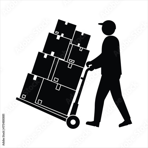 Silhouette of a man pushing a cart filled with stacked cardboard boxes for moving and delivery
