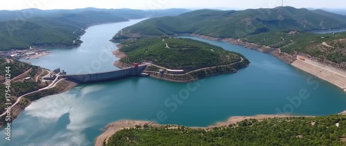 Wallpaper Mural Scenic Reservoir and Dam Surrounded by Lush Green Hills, Captured in High-Definition Aerial Footage Torontodigital.ca
